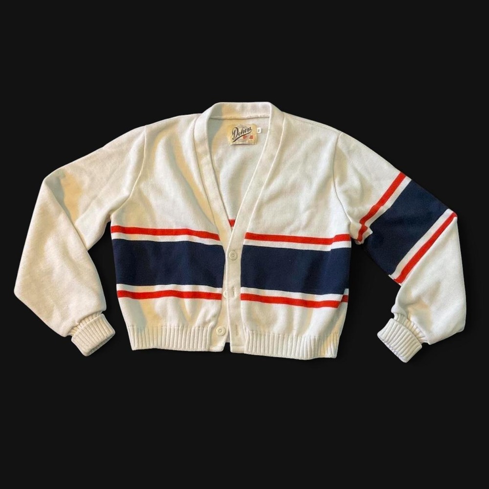 Vintage Dehen white with red and blue Americana striped cardigan